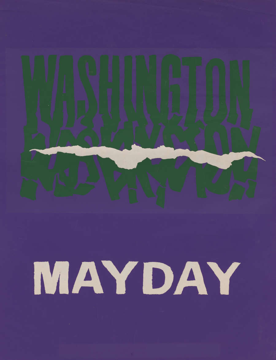 A silkscreen purple print with centered, almost indecipherable, green text and a centered tear-shaped overlay. The obscure text reads “Washington”, with a white text below that reads “Mayday”