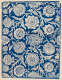 Vintage repetitive wallpaper sample depicting a dense, ornate, blue and cream pattern showcasing paisleys and intricate stylized floral motifs on a rich tan-toned base.