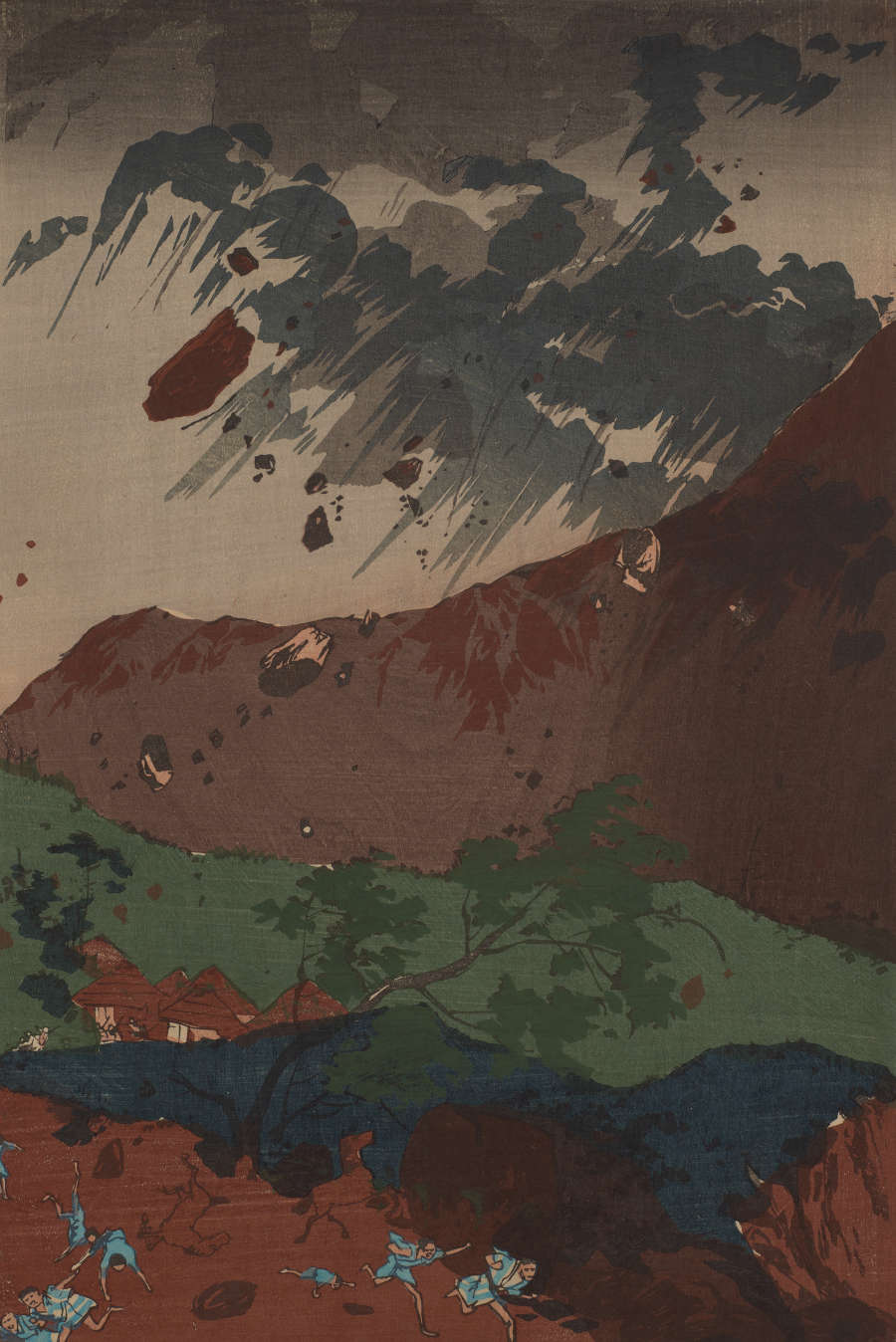 Detail of the center print, showing the half of a brown mountain with green terrain and running people beneath. Above, fast-moving gray clouds and debris fly against a tan background.