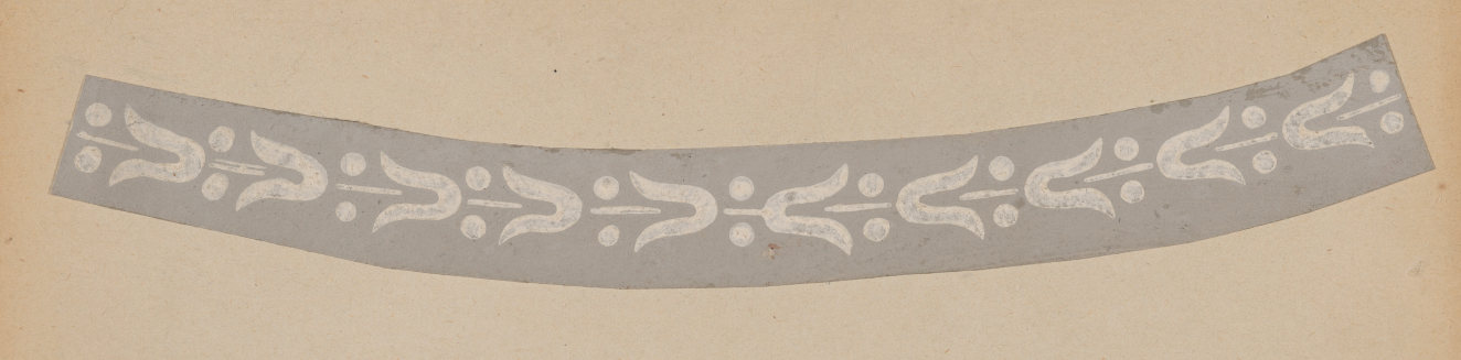 Upward curved decorative gray strip on a neutral backdrop featuring symmetrical white floral motifs connected by thin lines with dots above and below.