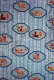 Vertically striped blue and white patterned wallcovering with repeating motifs of animals, figures, and buildings, in orange, within blue hexagonal frames overtop.