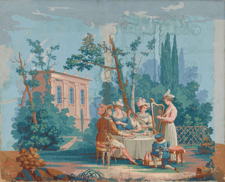 Segment of wallpaper depicting a vibrant scene with four elegantly dressed women gathered around a table, and a person kneeling besides. The scene is set in an idyllic garden.