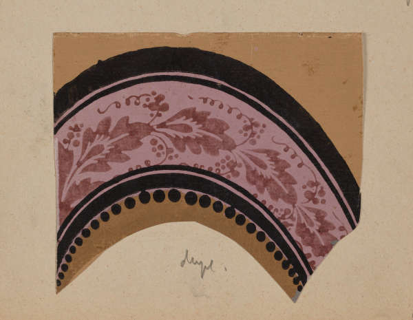 A curved decorative band with a middle pink band featuring a  floral pattern framed by bold black arches and dotted trim on a tan background.