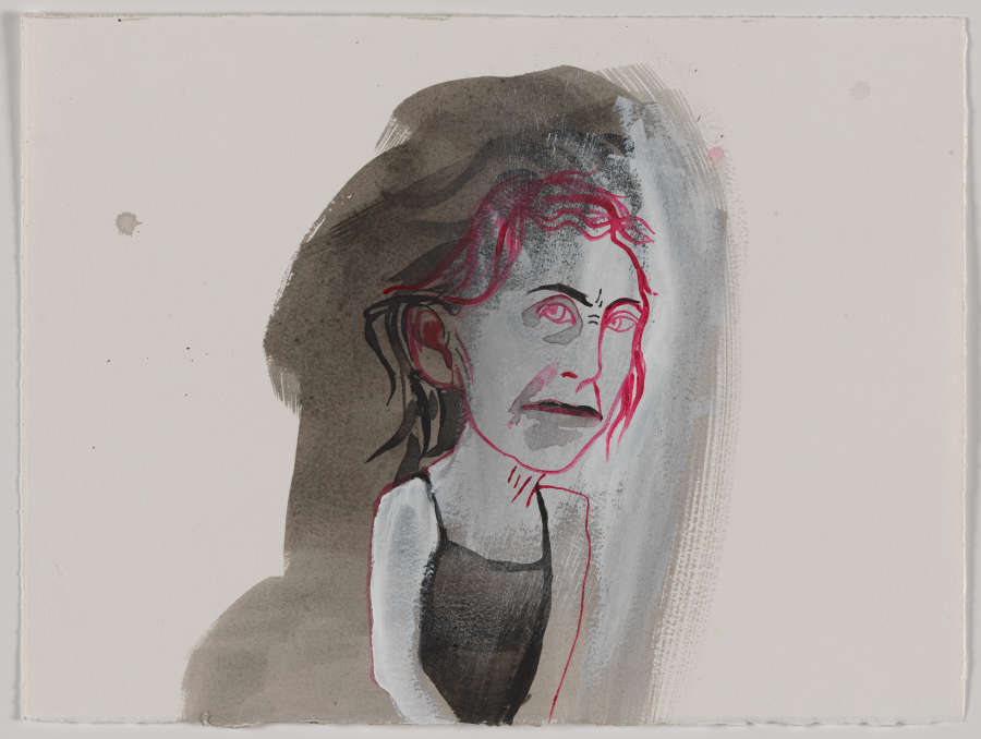 Expressive and humorous self-portrait of Sue McNally scowling in a tank top. She is outlined in hot pink, and is framed by brushy marks in black and white.