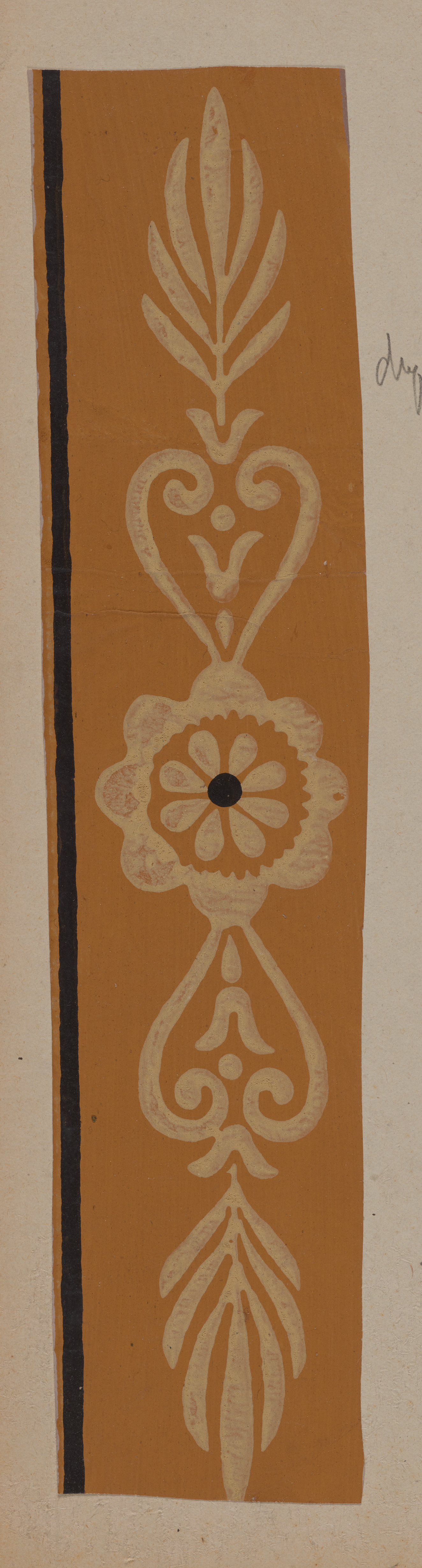 Vertical yellow strip on a neutral background depicting a decorative design. Features a flower with a black dot accent surrounded by symmetrical curved leaf patterns.