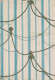 Aged, blue and white vertically striped wallpaper with brown and green coiled ropes intersecting and draping on top of each other. Three pulleys hold the ropes in place.