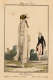 Aged illustration of a fashionable figure in a long white gown walking in a landscape toward a man in a dark tailcoat.