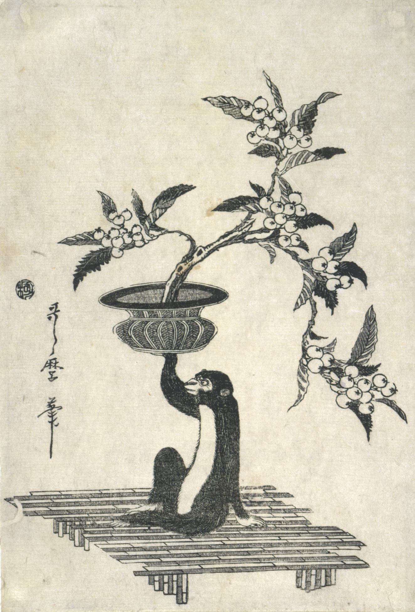 A monkey holding up a potted branch heavy with leaves and small fruits with one hand while seated on a wooden platform in monochrome black and white. 