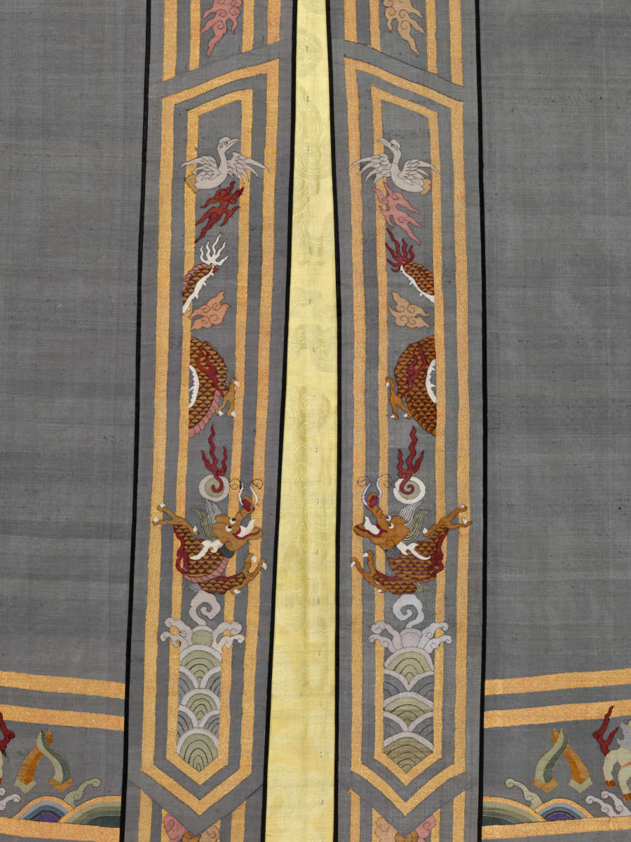 Bottom-edge of a collar of a gray-blue robe with rectangular golden borders within which are illustrations of golden dragons, white birds and wispy clouds along with a scale pattern.