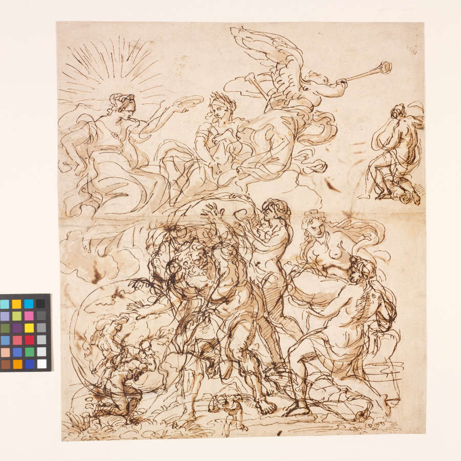 A pen and ink drawing of Hercules and other figures in a physical. Floating in the sky above and behind him are three female allegories: Victory, Honor, and Fame.