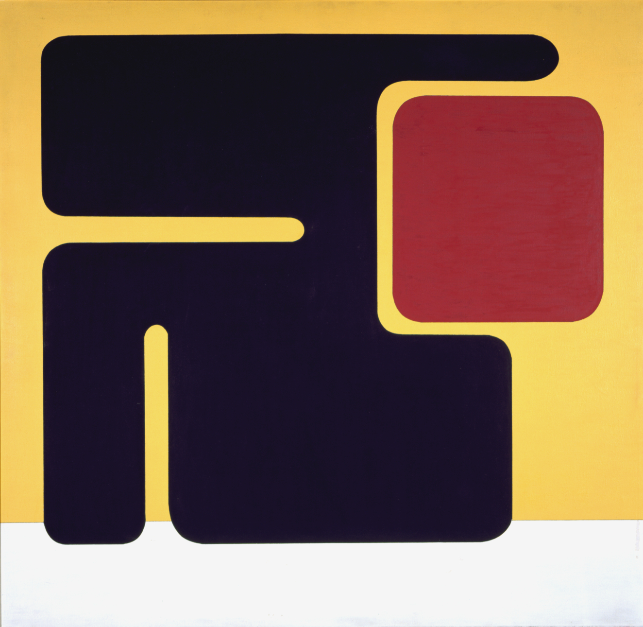 A geometric abstract composition of rounded, bold black forms framing a red square against a yellow background with white stripe at the bottom.