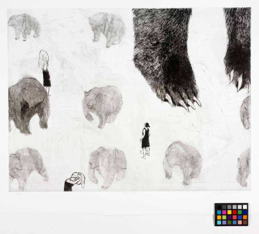 Grayscale print of various bears with three figures in black dresses standing amongst them. At the top right are two enlarged bear paws.