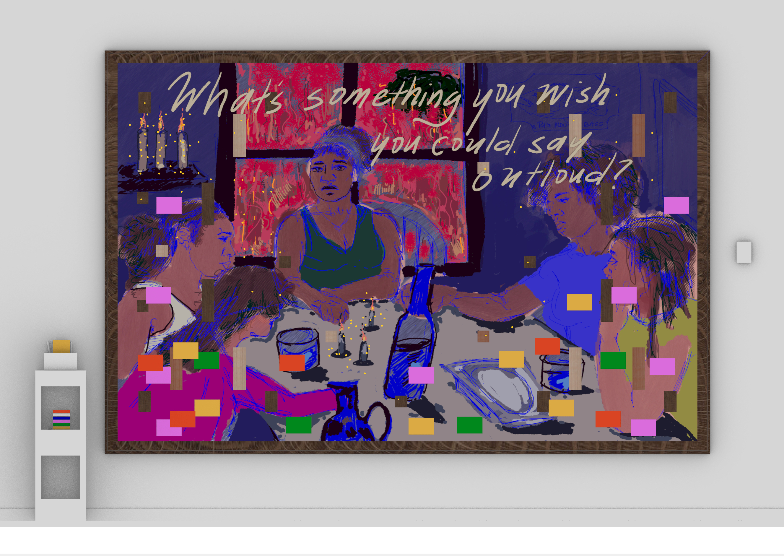 A painting hanging on the wall showing a group of friends siting around a dinner table. Flames glow through the window, while electronic components illuminate the scene, blending domestic intimacy with the accumulation of physical media. 