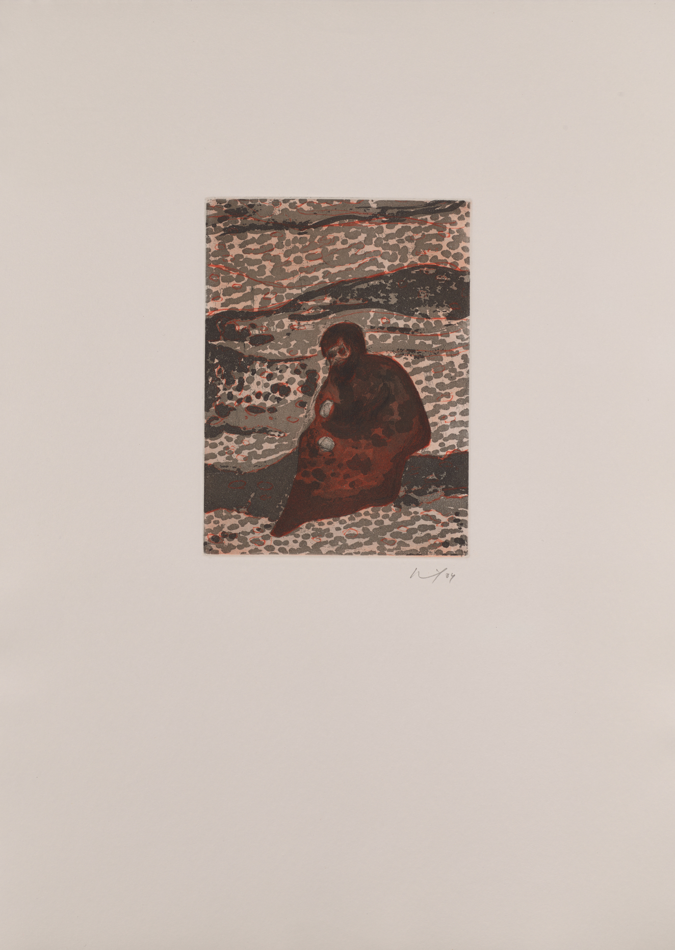 Red-toned print of a figure in a long, deep-red garment. Behind them, gray dots are scattered across a light pink background with black and gray horizontals.