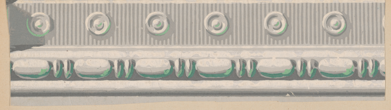 Decorative border design with a row of shaded, detailed circular motifs on top of vertical stripes above rounded forms in white and gray with  green accents.