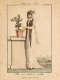 Aged Illustration of a figure in a white dress and brown shawl, standing beside a potted rosebush on a pedestal.