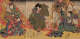 Desaturated, three-paned, traditional Japanese woodblock print depicting nobility and warriors in elaborate kimonos heavily patterned. The figures are set against a background of detailed fabrics and a larger mouse motif.