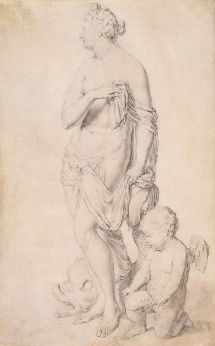 A graphite and black chalk drawing of Galatea and Cupid. The sea nymph Galatea stands gazing leftward, wearing only a sheet. Cupid kneels at her feet, stringing his bow.