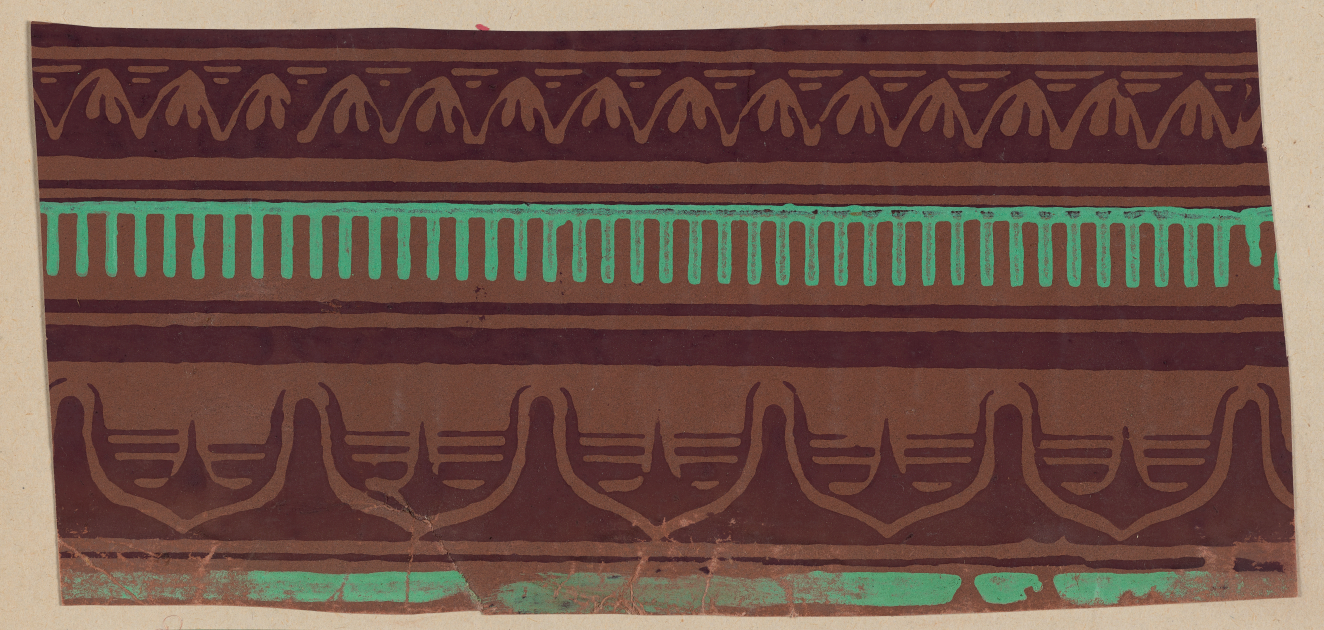 Brown horizontal design motif featuring a layered pattern with a central section of green vertical lines, and dark brown textured zig zags, stripes, and stylized spiked motifs along the bottom.