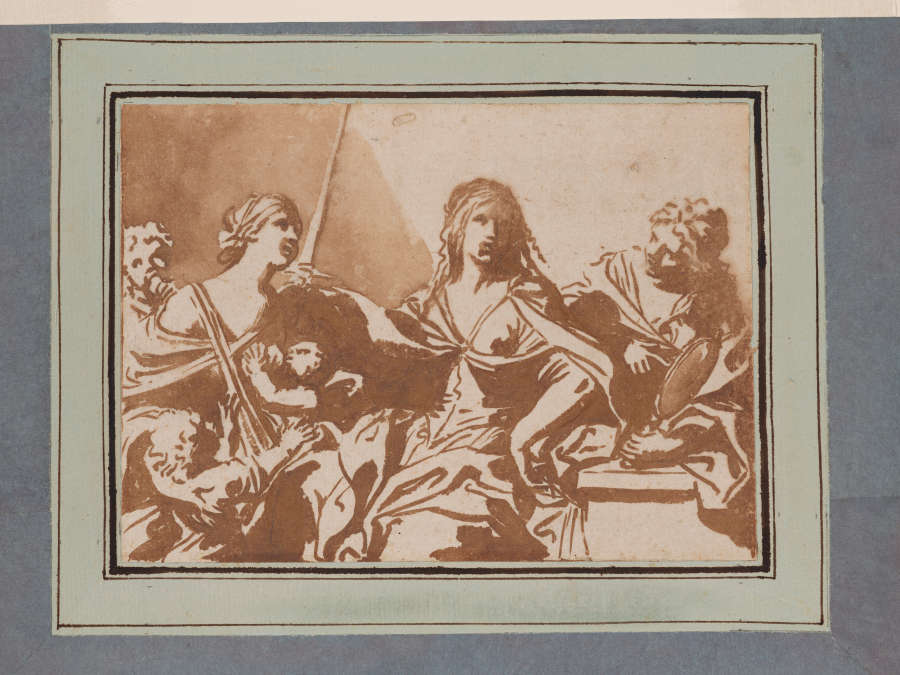 A brown ink and wash depicting three female allegories. From left to right: Charity breastfeeding an infant, Justice holding a sword, and Prudence pointing to a mirror.
