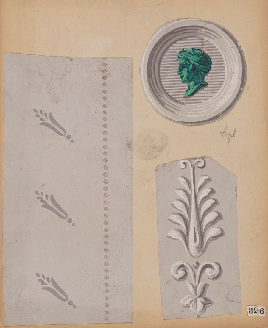 A collection of gray-toned designs: a rectangle with floral motifs on the left, a circular emblem with a green side profile portrait, and a gray rectangle with a floral pattern.