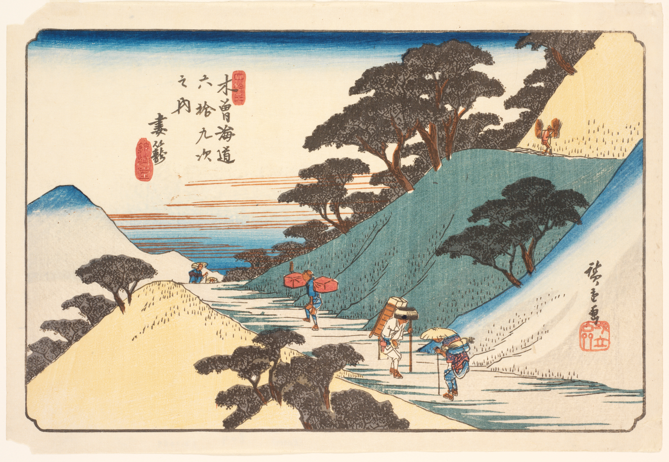 A landscape depicting travelers on a curving road between tree-covered hills, and an expansive sky accented by orange clouds.