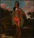 A brown skinned man stands in a landscape, wearing a beaded headdress, a white medallion necklace, an orange cloth, tall moccasin boots and holding a wooden staff, while gazing out.