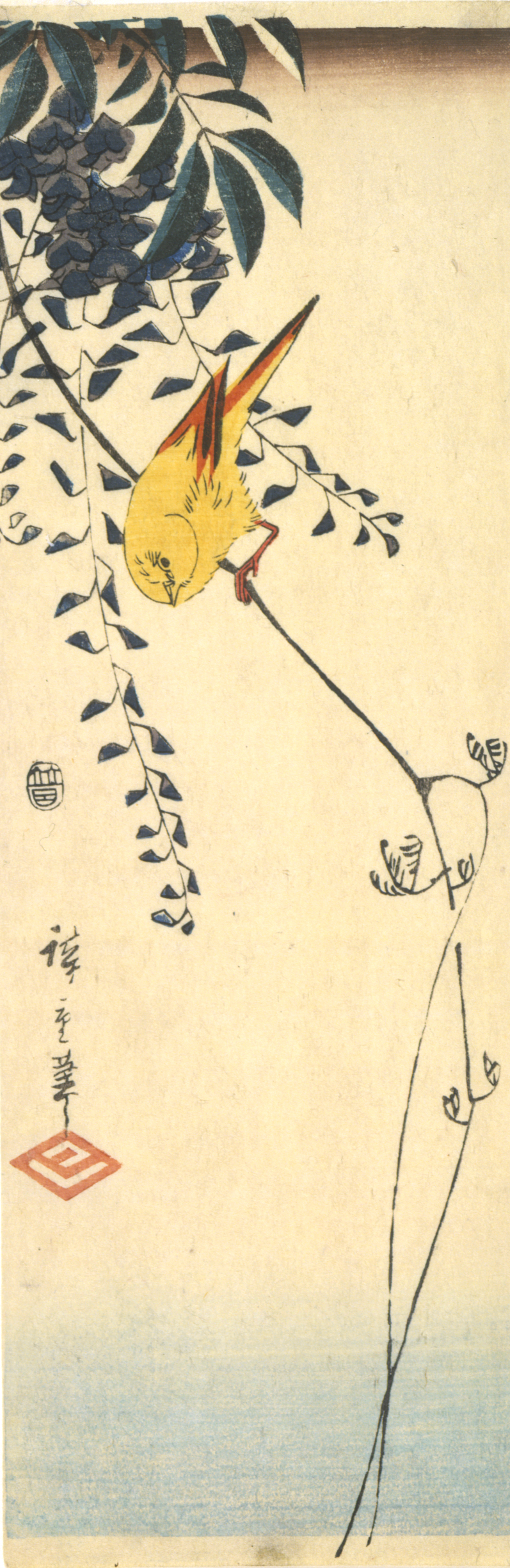 A small yellow bird looks downwards from a thin branch below trailing dark foliage towards a fading light blue horizon.