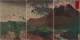 Triptych print of a brown volcano erupting into a smoky tan sky. Below is a green terrain with three houses and a river.  The leftmost print features vertical scripture.