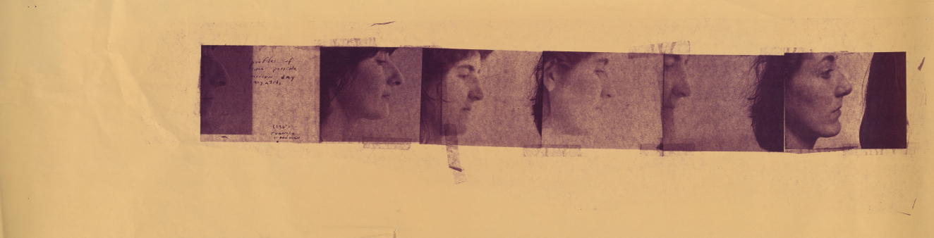 A purple-toned strip of grainy portraits divided into small square frames, capturing the profiles of various women’s faces. 