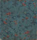 Deep teal wallpaper with eccentric, red flowers and long blue leaves attached to winding dark blue branches throughout.