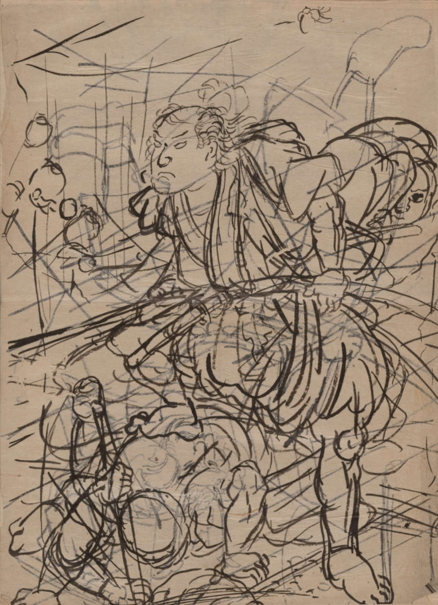 Dynamic sketch of a warrior mid battle featuring a distressed expression, standing in combat attire with one foot atop another figure. Overlapping lines convey a sense of movement and passion.