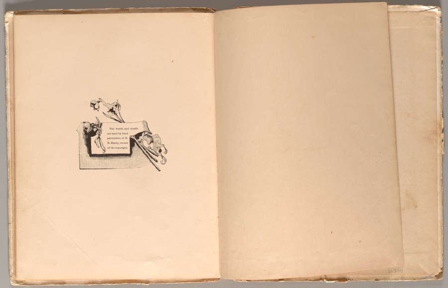 An aged open book with a blank right page. On the left, an illustrated fragment of a letter laying over flowers.