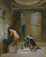 A serene, earthy-toned scene of a nude woman washing her long dark hair in a basin under arched ceilings while a blue-veiled figure tends to vessels on the floor. 