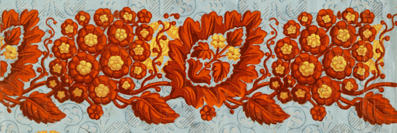 Textured alternating clusters of red flowers with yellow centers and leaves set against a light blue background.