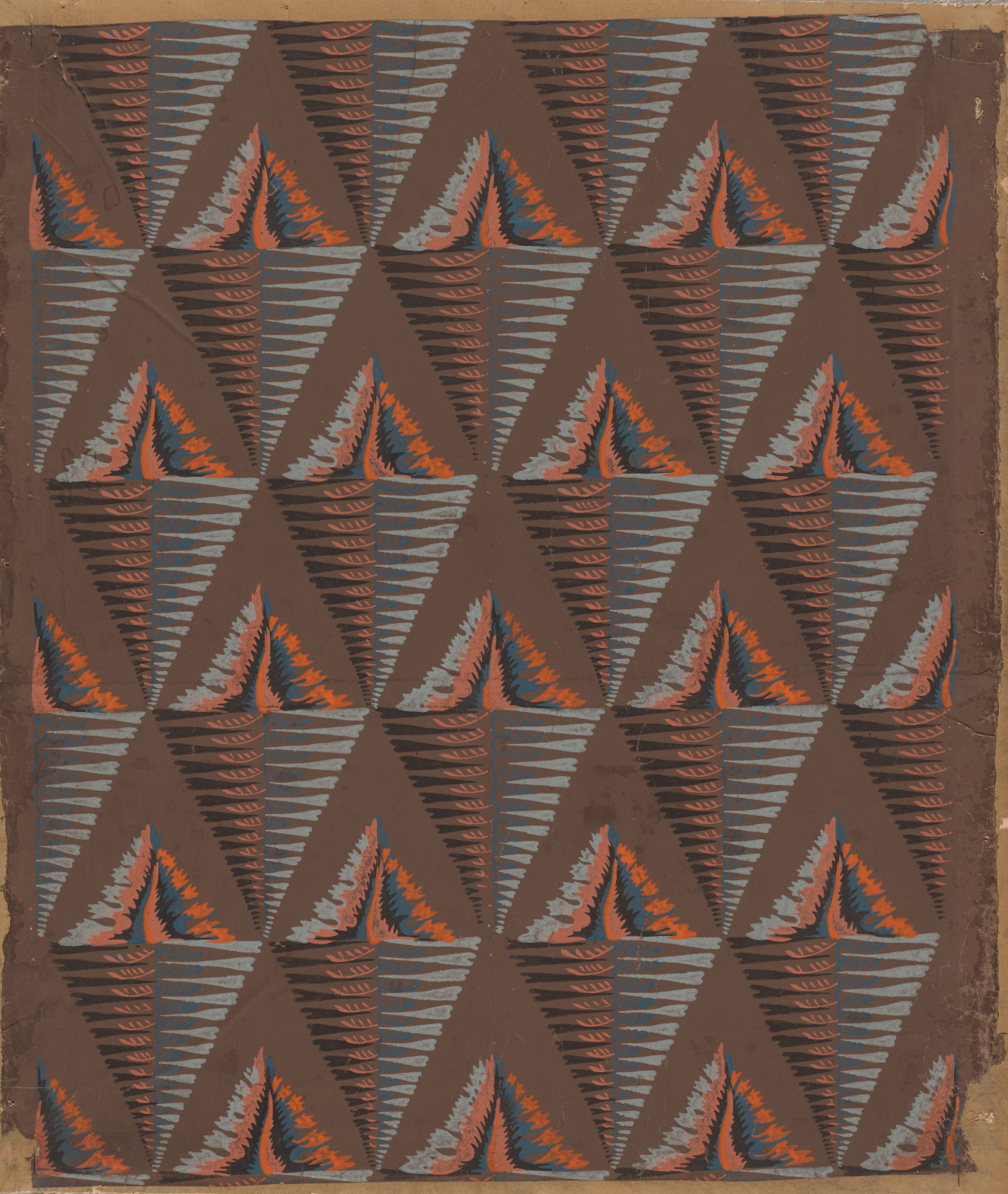 Brown wallpaper with alternate facing triangles repeated horizontally and vertically throughout. The upwards triangle is made of orange and blue blotchy lines  and downwards triangle out of jagged horizontal lines