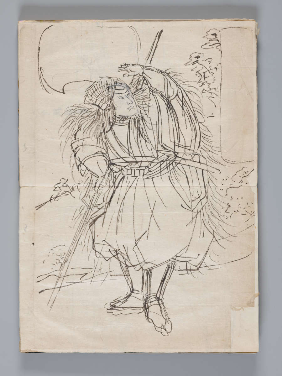 An ink sketch of a samurai warrior dressed in flowing, traditional, combat attire and headgear. The figure is in a striking pose, against a natural background.
