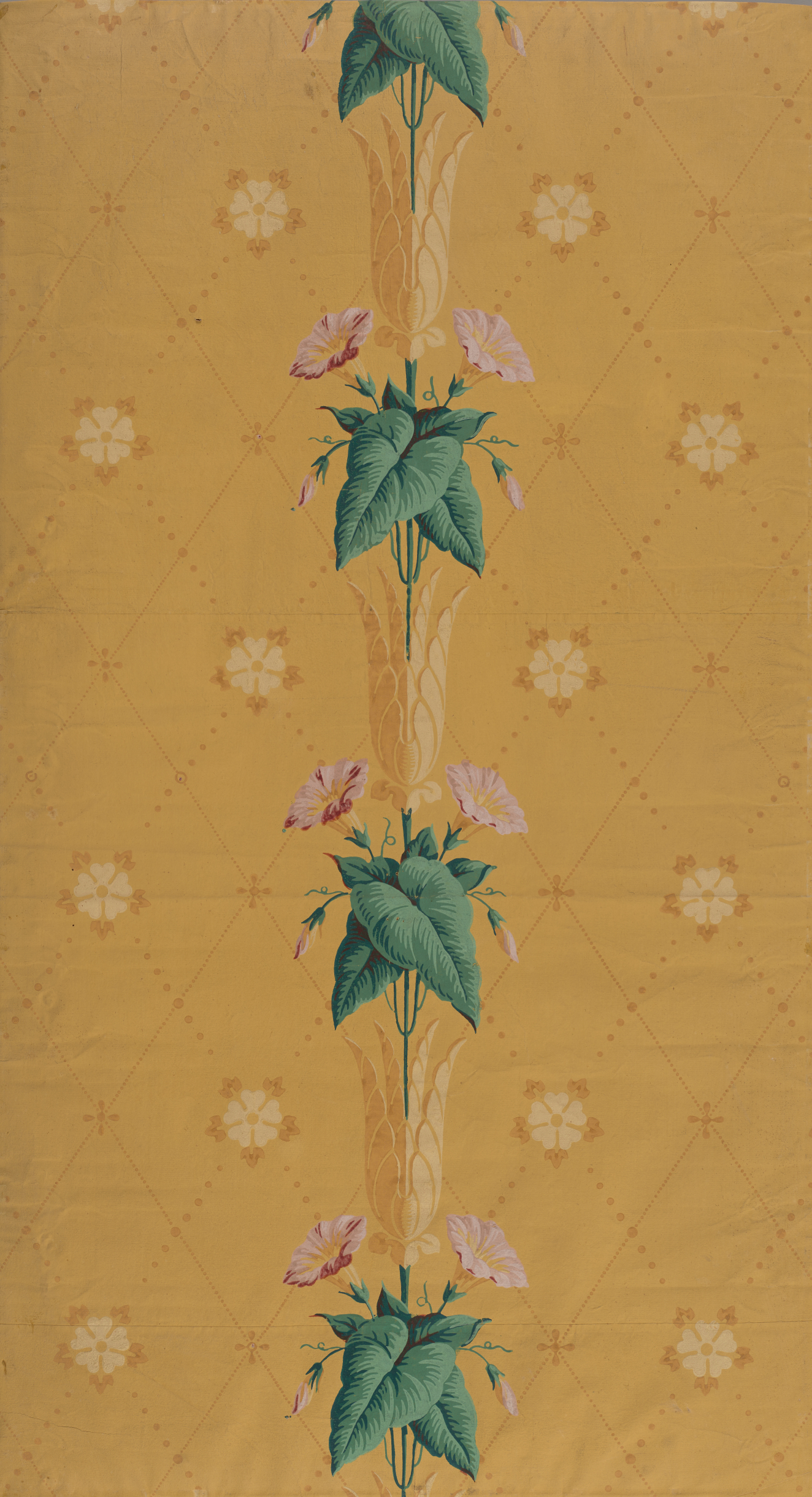 Delicate and surreal repeating ornamental column of leafy flower stalks emerging from the flowerbud of the stalk below it. The pattern repeats infinitely against a lattice-patterned yellow backdrop.