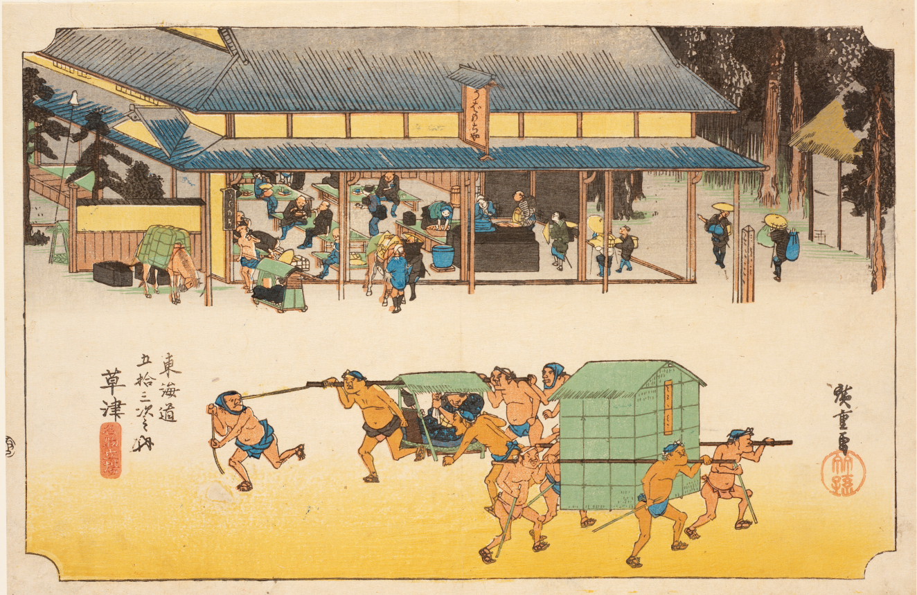 A vibrant scene with workers carrying passengers in green buggy’s, while others dine and socialize inside a large open-sided building surrounded by trees.