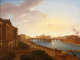 Luminous painting of an expansive view of a river, bridge, monumental buildings and city receding in the distance. The glowing sunset illuminates the scene.