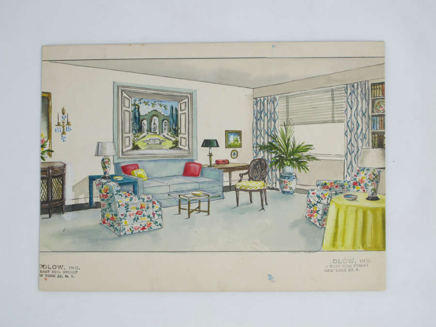 Colored-pencil drawing of an interior with a pale blue sofa, two floral upholstered chairs, and other furniture. A window with roman blinds and blue and white drapes is at right.