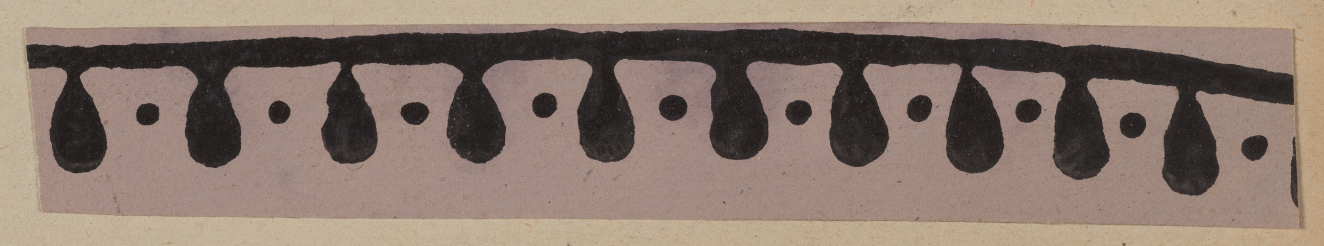 Horizontal design strip featuring a black pattern of repeating teardrops connected at the top to a stripe and alternating with dots on a lavender background.