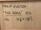 Back of a canvas with handwritten black text on raw fabric reading “Philip Guston,” “The Road,” “1972,” and “Oil 51¼ × 118¾.”