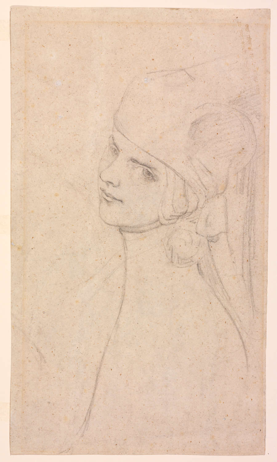 A black chalk line drawing of a woman in profile. With her head slightly tilted towards the viewer, she stares skeptically at us and wears an elaborate hat.