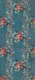 Narrow panel of stained, vintage wallpaper featuring a pattern of bright red roses and blue leaves on vertically aligned, undulating lines. The design is set against a dotted blue backdrop.