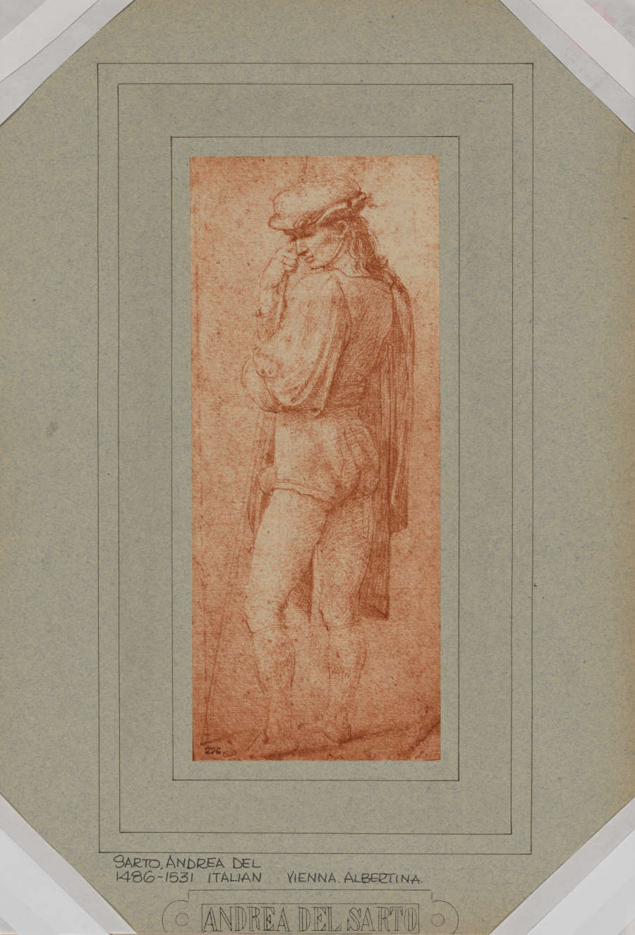 A reddish brown drawing of a standing figure in Renaissance attire standing thoughtfully, seen from the back at an angle.