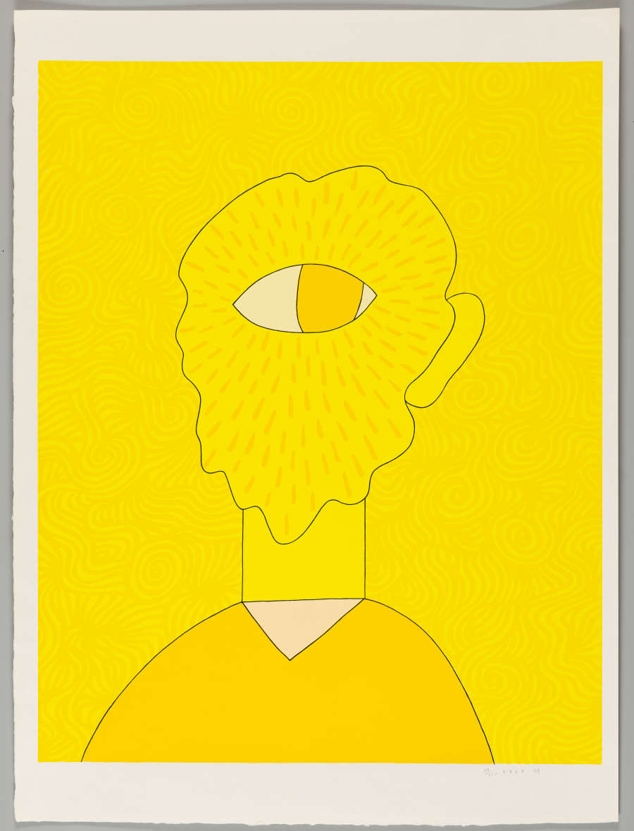 Abstract portrait done in bright yellow hues with only an oversized eye and an ear. The wavy outline and small dashes on the face evoke the image of a beard.