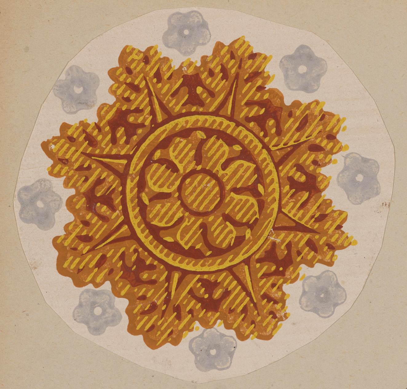 A large gold star with a central floral design and ornamented points at the center of a white circle with interspersed gray flowers.