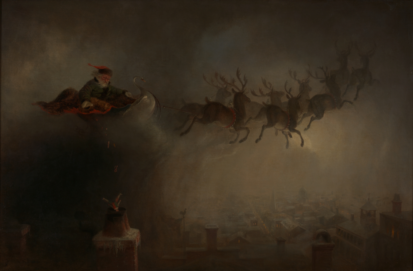 A dark, atmospheric painting of Santa Claus in a sleigh, pulled by reindeer over rooftops amidst large clouds. 