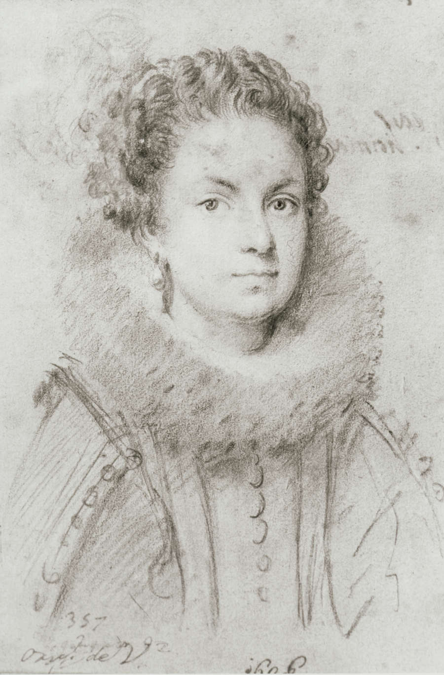 A black, red, and white chalk portrait of an aristocratic white woman gazing at the viewer. She has red flowers in her curly hair, a neck ruff, and pearl earrings.